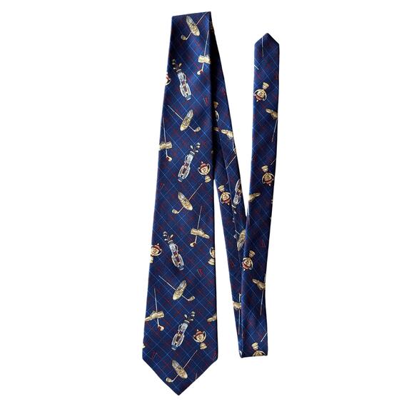 Vintage Tommy Hilfiger USA Made Silk Designer Tie Golf Print Navy Blue - Picture 1 of 4